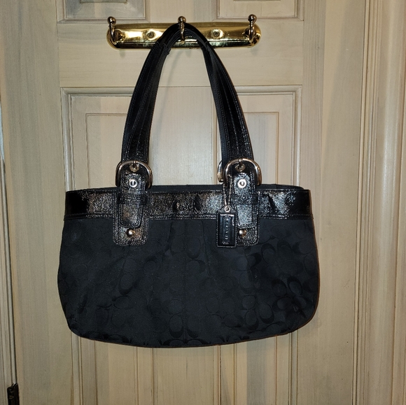 Coach Purse Tote Black Signature C Tote bag leather handles and trim - Picture 2 of 16